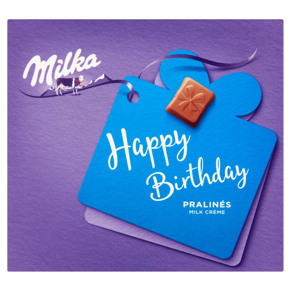 Milka Happy Birthday alpesi tejcsokoládé praliné tejes krémtöltelékkel | Rubik kocka