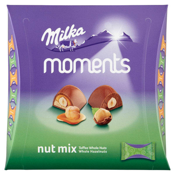 Milka Moments tejcsokoládé egész mogyoróval, karamelltöltelékkel és egész mogyoróval 19 db | Rubik kocka