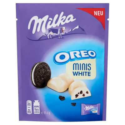 Milka Oreo Minis White fehér csokoládé kekszdarabokkal és vaníliaízű tejes krémtöltelékkel